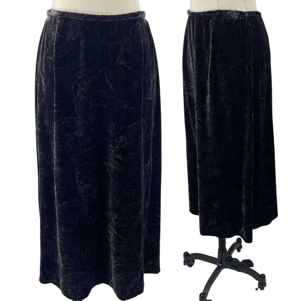 Vintage 90s Talbots Velvet Skirt Burnout Paisley Pattern Silk Blend Black 8 P